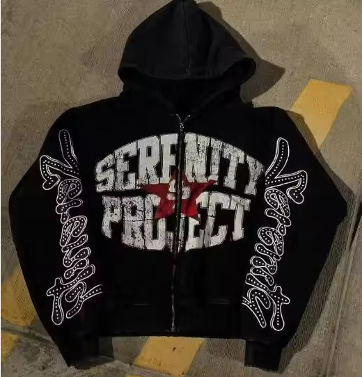 Men's Clothing New Graffiti Letters Zipper Cardigan Hooded Sweatshirt Women Spring And Autumn Thin American Lazy Style Short Jacket_viptrois.com