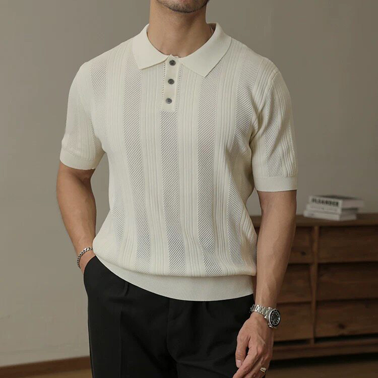 Polo camiseta de punto camiseta de manga corta hombre solapa rayas huecas viejas camisetas de negocios de verano fábrica transfronteriza al por mayor