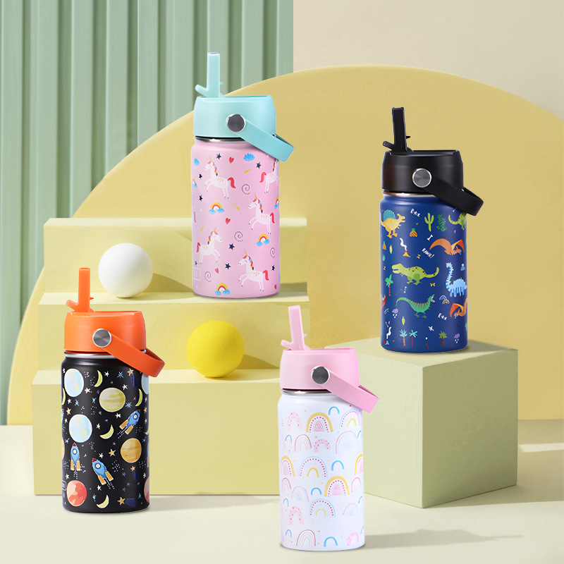 Amazon new stainless steel thermos cup with straw cup portable with handle space pot cute cartoon fall-resistant