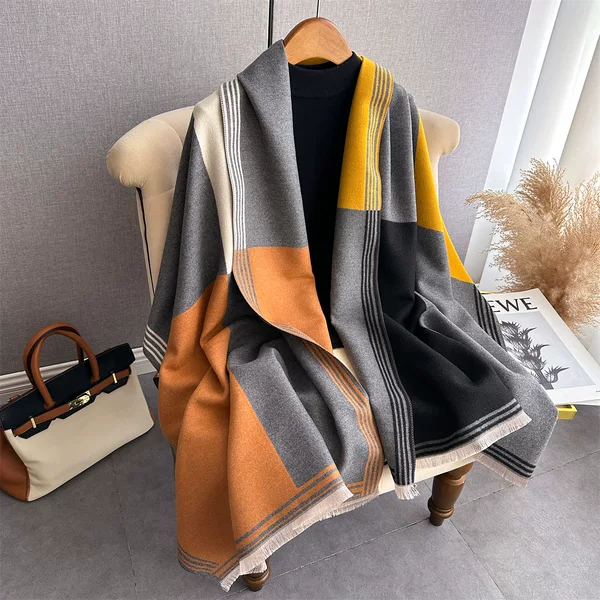 Korean Style Color Matching Fashion Imitation Cashmere Scarf Women's Dual-use Air Conditioning Shawl Elegant Scarf Thickened Warm Shawl Outer Wear