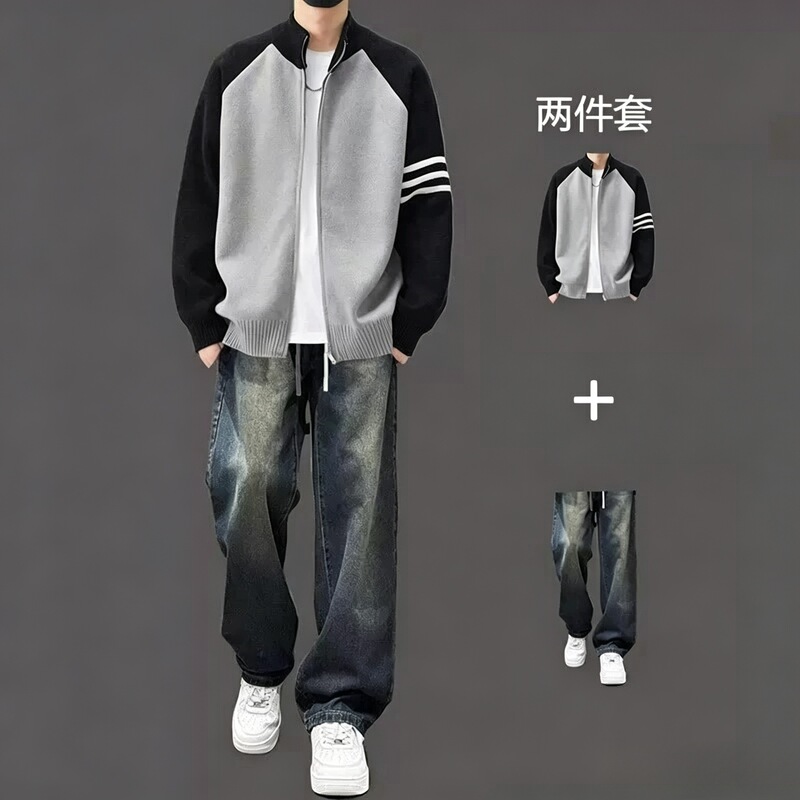 Men's knitted cardigan two-piece set for spring and autumn, with contrasting colors, stylish and trendy brand sweater jacket paired with jeans, trendy outfit Men's knitted cardigan two-piece set for spring and autumn, with contrasting colors, stylish and trendy brand sweater jacket paired with jeans, trendy outfit