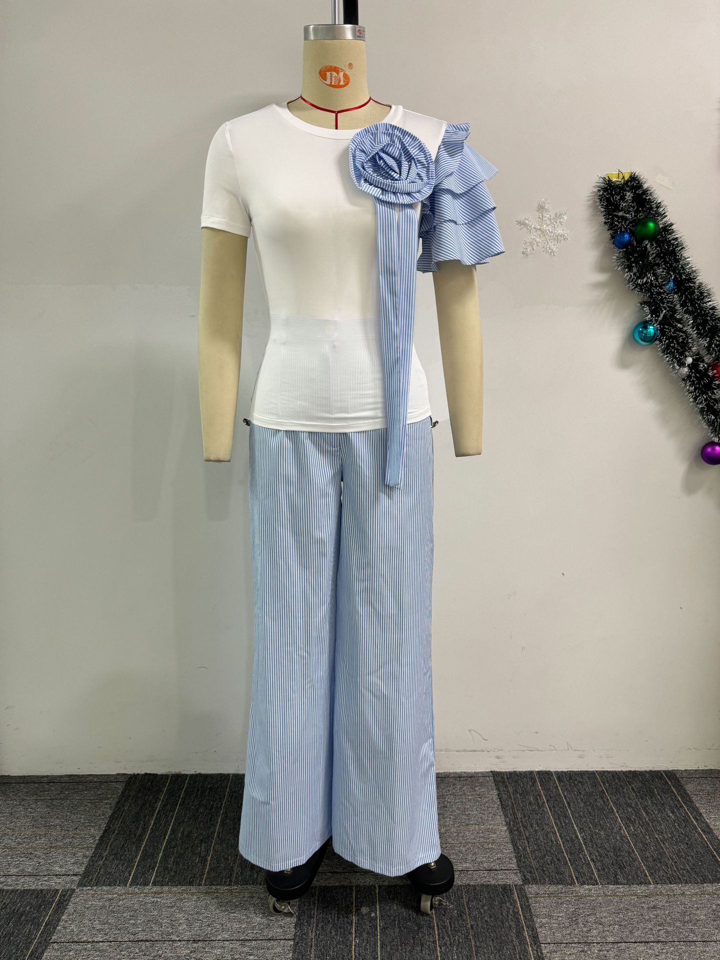 Round Neck Short Sleeve Striped Contrast Color Wide Leg Pants Two Piece Sets