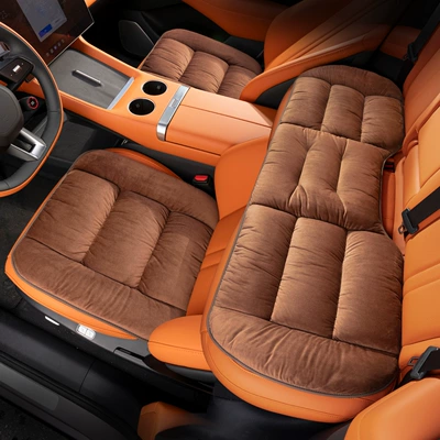 Thickened Plush Flannel Seat Cover: Seat cushion, seat cover - checkered-flannel-chestnut-brown-three-piece-set