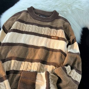 Striped Design Crewneck Pullover Long-sleeved Sweater Women's Autumn and Winter Outfit Loose Sweet Sweater Base Top