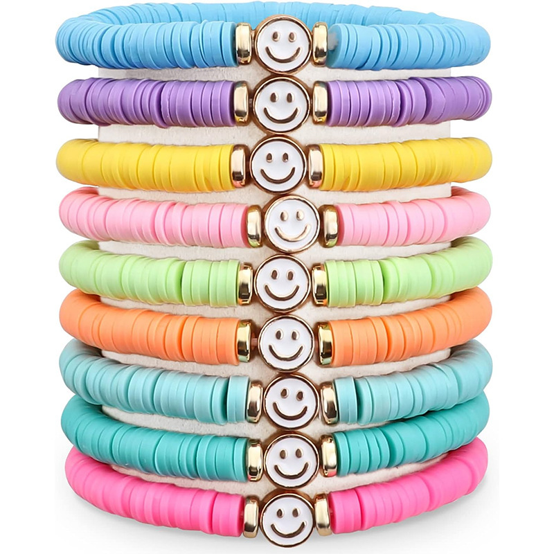 跨境热销彩虹色软陶笑脸手链套装手串女欧美潮流叠戴爱心情侣手串