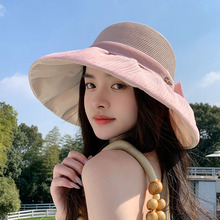 赫本风欧根纱蝴蝶结草帽女沙滩帽法式复古大檐渔夫帽可折叠遮阳帽