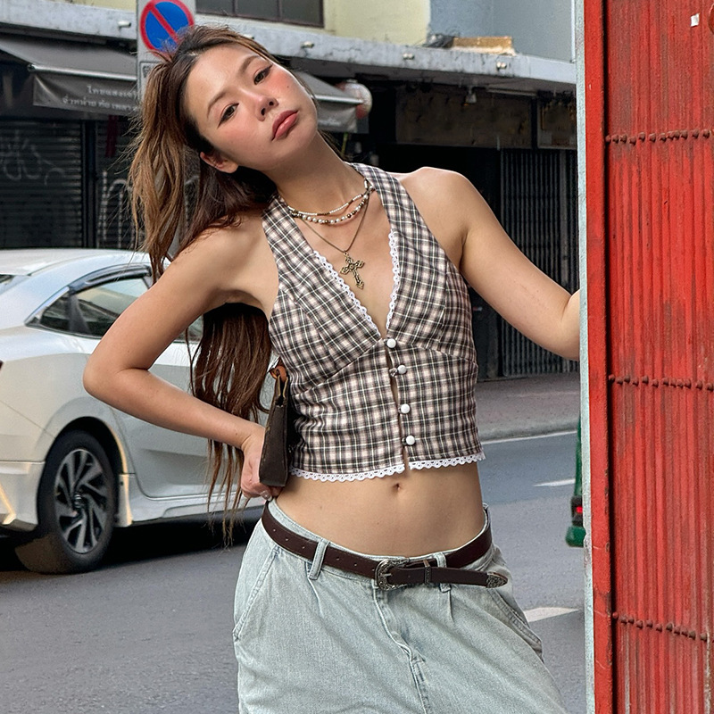 Vintage Plaid Halter Neck Vest Top For Women - Elegant French Style Summer Crop Tops, Sexy Sleeveless Chic Blouse_ecoleips.com