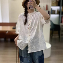 2026春夏新款钩花刺绣衬衫棉麻复古休闲宽松开扣上衣短袖衬衣女