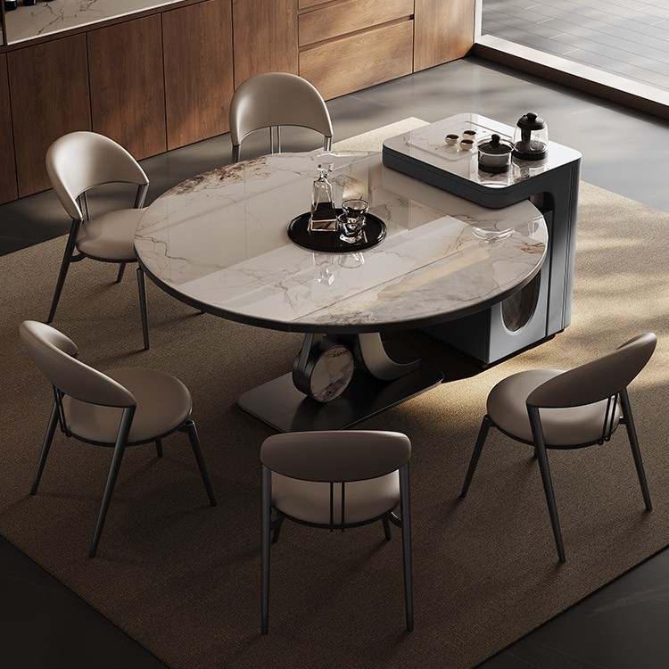 Mesa de mesa redonda de mesa de mesa de mesa redonda de isla de roca, hogar integrado, apartamento pequeño, lujo ligero, mesa de guía central retráctil plegable de alta gama, mesa de comedor invertida