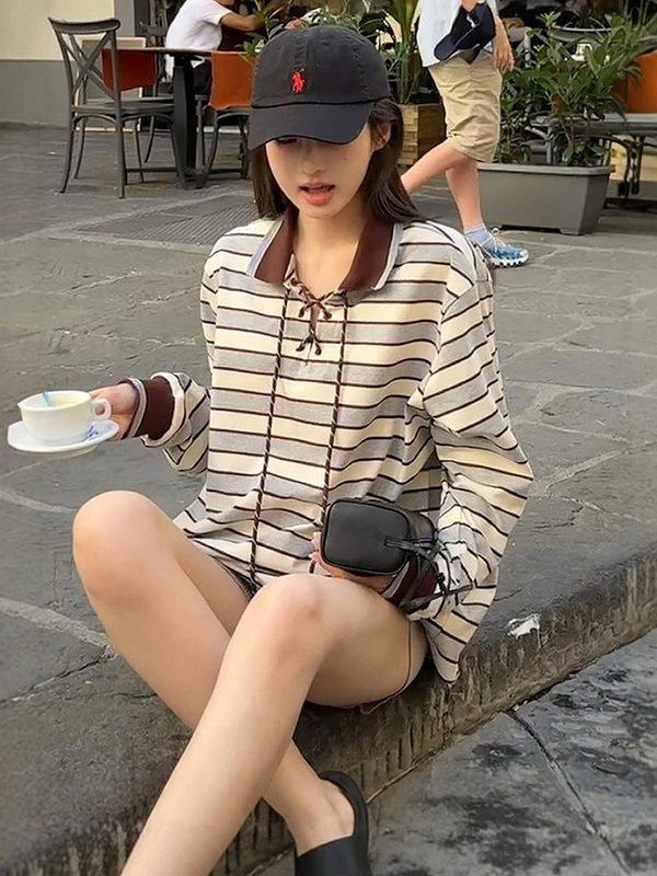 早秋薄款条纹翻领无帽卫衣女款春秋季2025新款慵懒风宽松上衣百搭|undefined