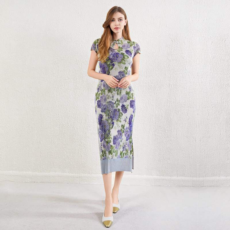 New Chinese-style Pleated Printed Cheongsam dress Women's Summer New High-end Short-sleeved Waist Hip Long Skirt