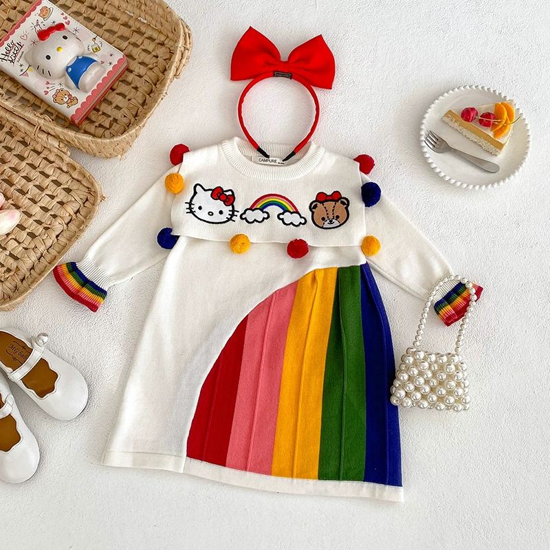 2023 осенне-зимнее платье для девочек дофаминового цвета KT Кошка детский свитер платье с лацканами меховой шар с длинным рукавом вязаная юбка