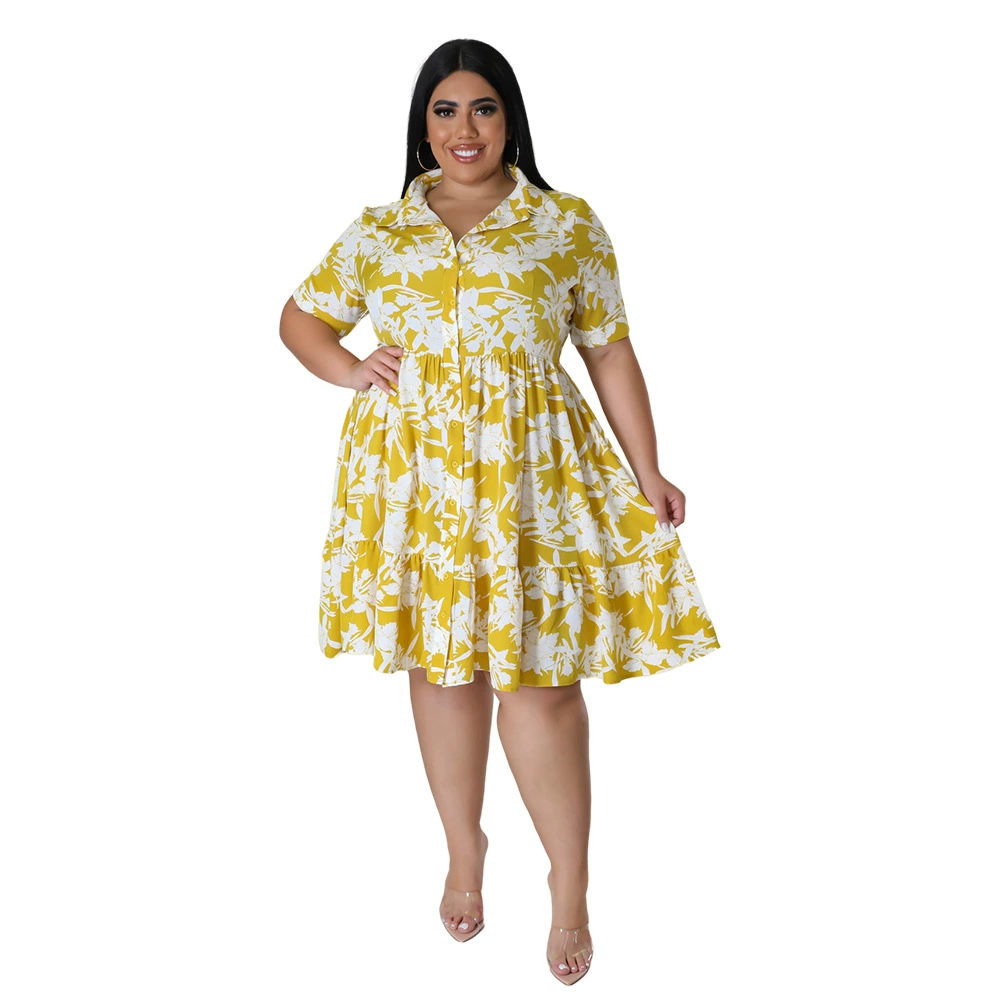 Платье-рубашка женское, европейский стиль, plus size, с короткими рукавами, миди (2XL–5XL)