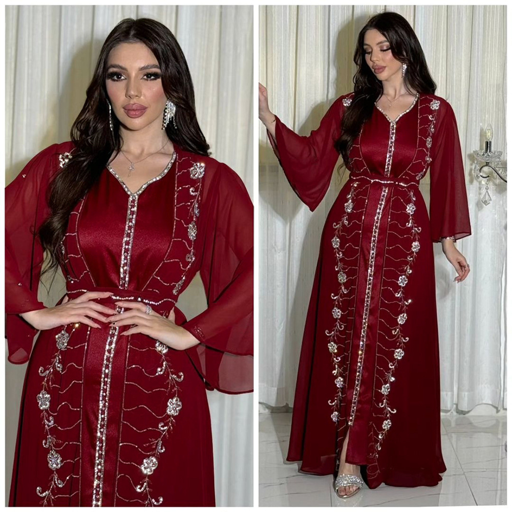 XQY500261 Four-Season Commuting Vest + Jacket Dress Chiffon Rhinestone Muslim Suit Robe_ecoleips.com