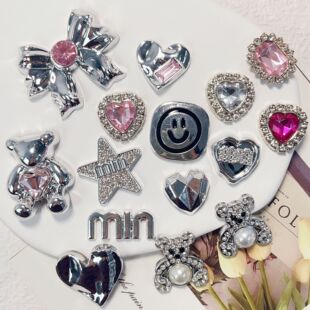 Hot Sale Electroplated silver Pink Diamond Love Bear Bow Diy Accessories Mobile Phone Case Hairpin Shoe Buckle Material