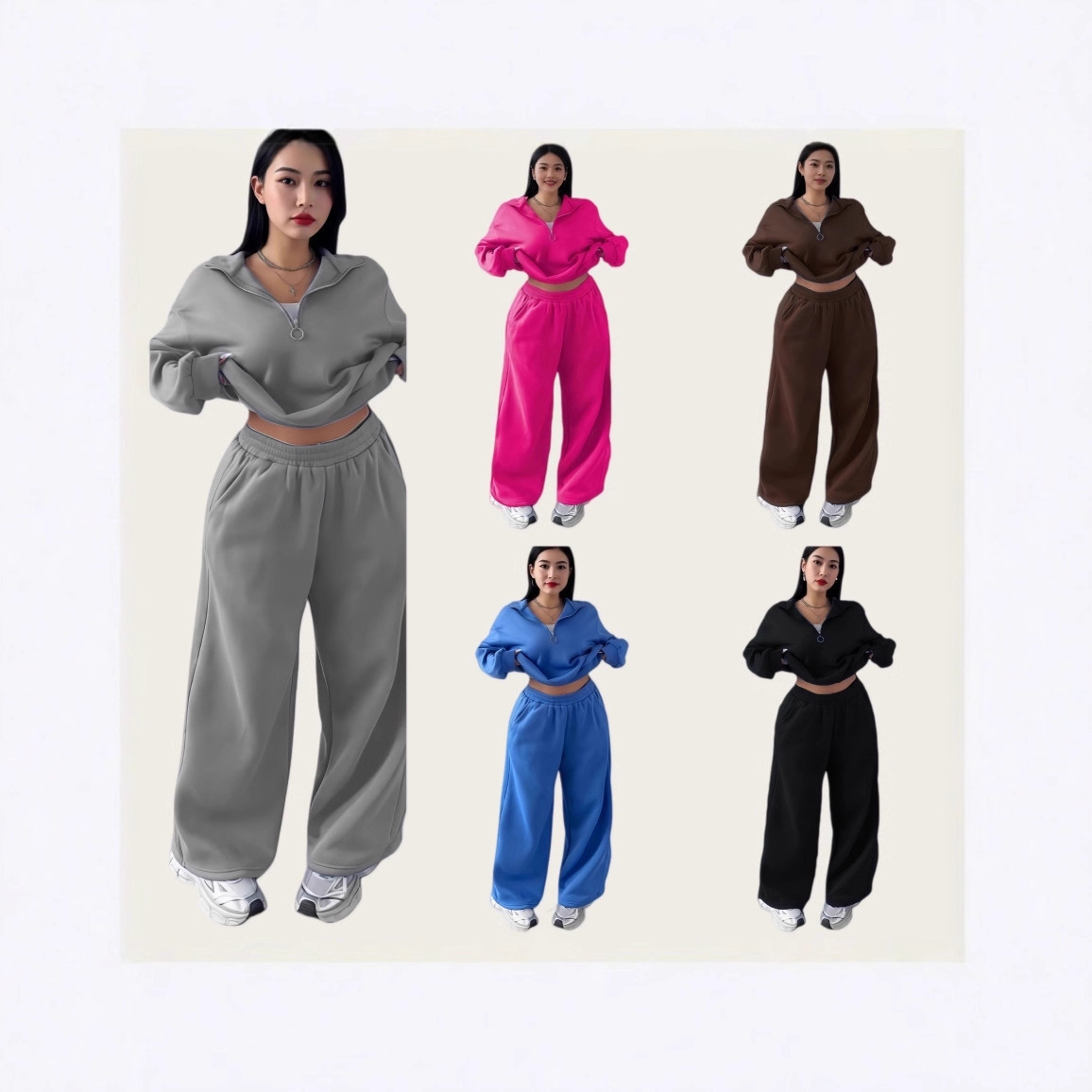 2025 European and American Cross-Border Casual Women's Fashion Half-Cardigan Pullover Sweatshirt and Long Pants Two-Piece Set Casual Autumn and Winter Style