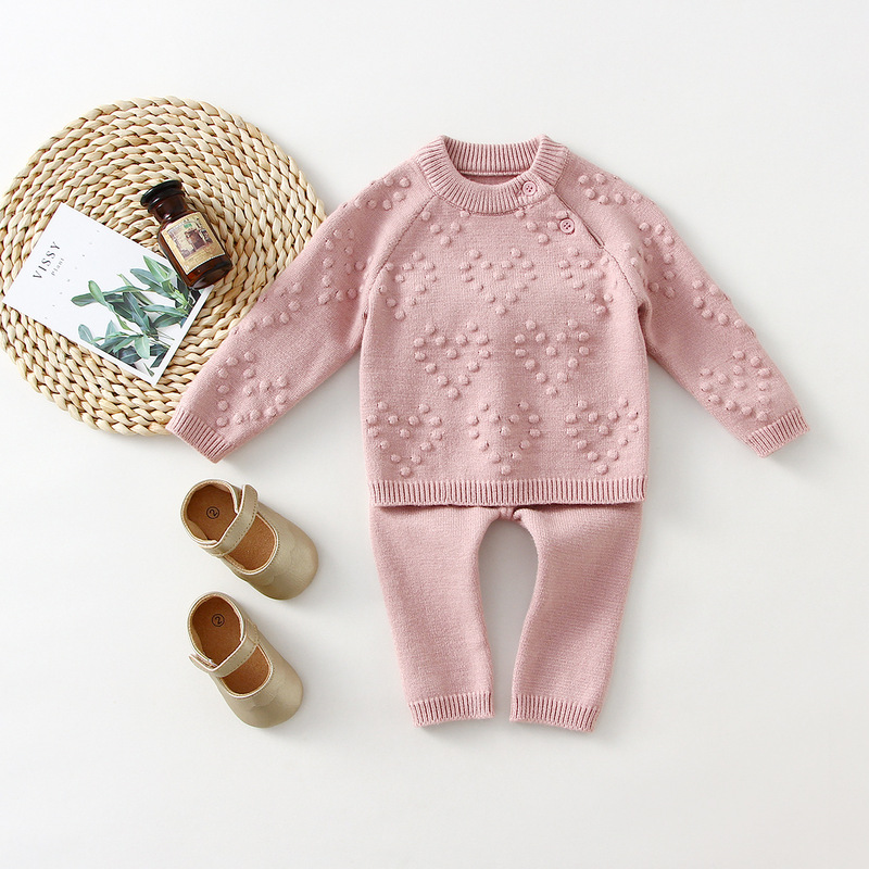 Children's Sweater suit Ins Baby Knitted suit Love Popcorn Solid Color Long Sleeve Sweater Pants Cross Border