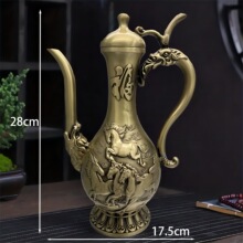 黄铜高档龙凤八骏马酒壶复古创意家用酒具纯铜摆件酒壶金属工艺品
