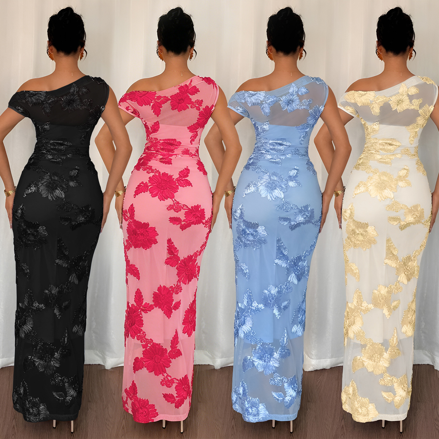 C7670 Aliexpress transfronterizo Amazon Europa y América de moda moda de mujer elegante malza vestido de hombro inclinado image 3