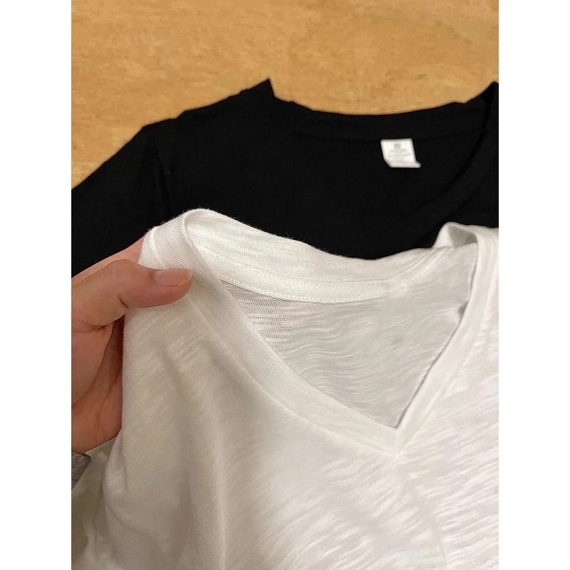 薄いVネック右肩半袖レディースホワイトベーシックボトムストップ夏カジュアルルーズバンブーコットンTシャツ|undefined