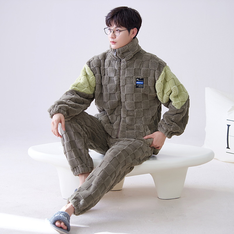 2025 winter pajamas men's thickened fleece-lined men's autumn and winter warm home clothes suit men's home can be worn outside
