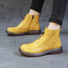 秋冬新款马丁靴头层牛皮复古手工平跟软底防滑低筒短靴子女棉鞋