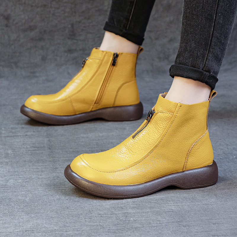 Autumn and Winter New Style Boots, First-Layer Cowhide, Retro Handmade Flat Heels, Soft Soles, Non-Slip Low-Cut Short Boots, Women's Cotton Shoes