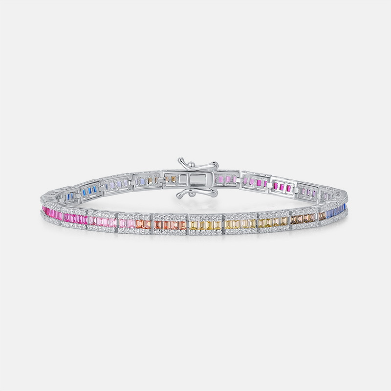 Nuevo estilo transfronterizo de lujo ligero de una sola fila de color brillante pulsera de circonio femenino S925 con incrustaciones de plata colorida joyería del tesoro de color arco iris estilo europeo y americano