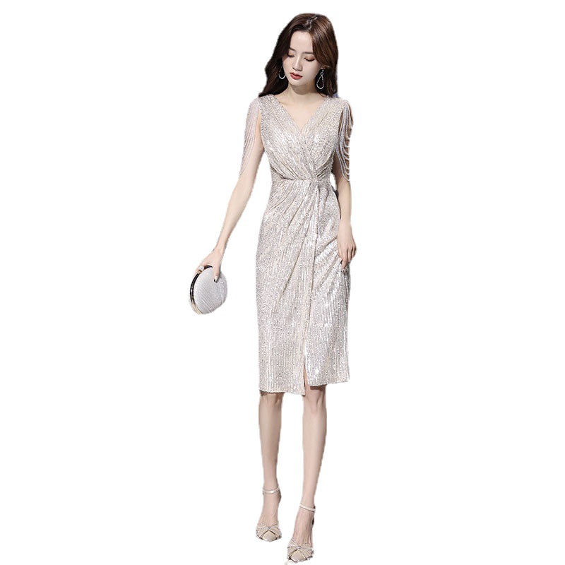 Pequeño vestido de noche para las mujeres 2024 otoño nuevo champán Socialite temperamento banquete vestido de anfitrión se puede usar en tiempos ordinarios