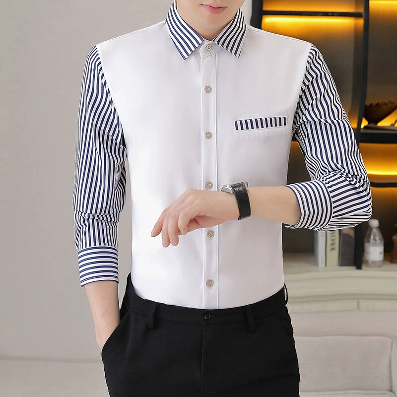 2025 Hua Jue Одежда-Весна и Осень Вертикальная Полоска Смешанный Повседневный Модный Мужской Рубашка с Длинным Рукавом 0108