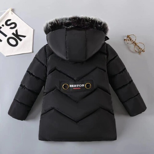 Children's winter 2024 new cotton coat, middle and long length, suitable for small and medium children, Korean style, thickened and furred, with large fur collar.