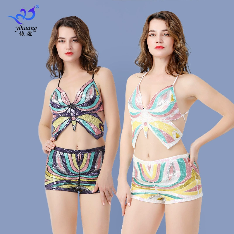 Шорты с пайетками костюм Фестивальный сценический костюм Слинг костюм для выступления с пайетками Джазовый танец Стальная трубка танцевальный костюм