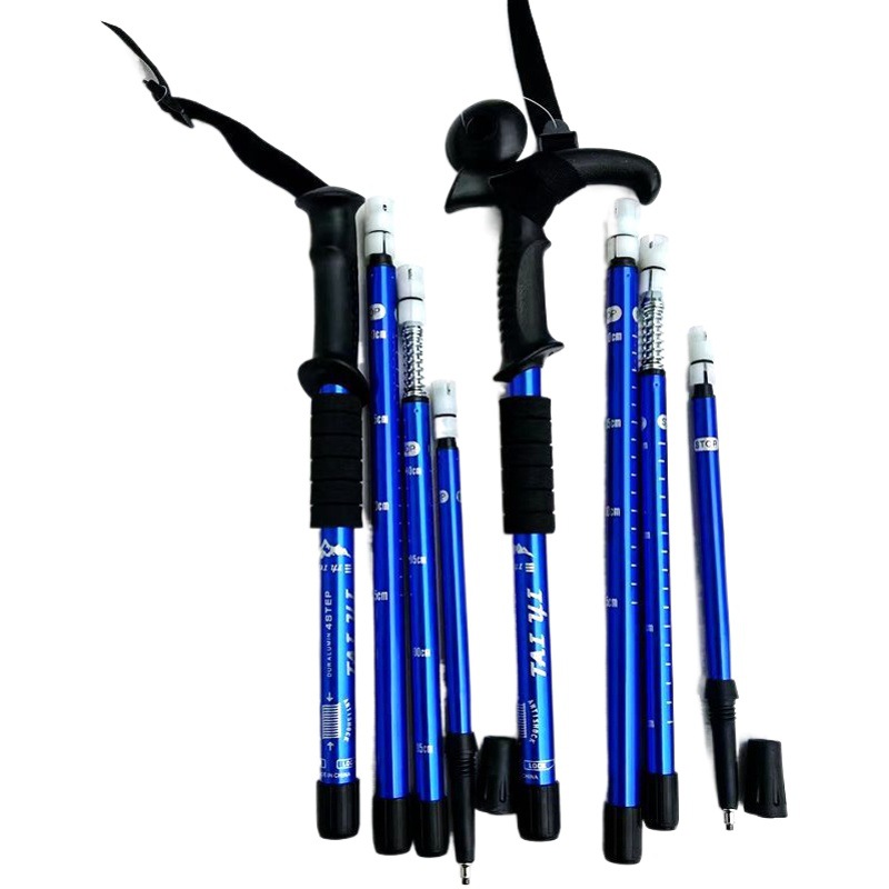 Bastón de trekking de alta resistencia que absorbe los golpes transfronterizo, aleación de aluminio ultraligera, mango curvo de cuatro secciones, muletas telescópicas con mango recto, venta al por mayor, stock listo