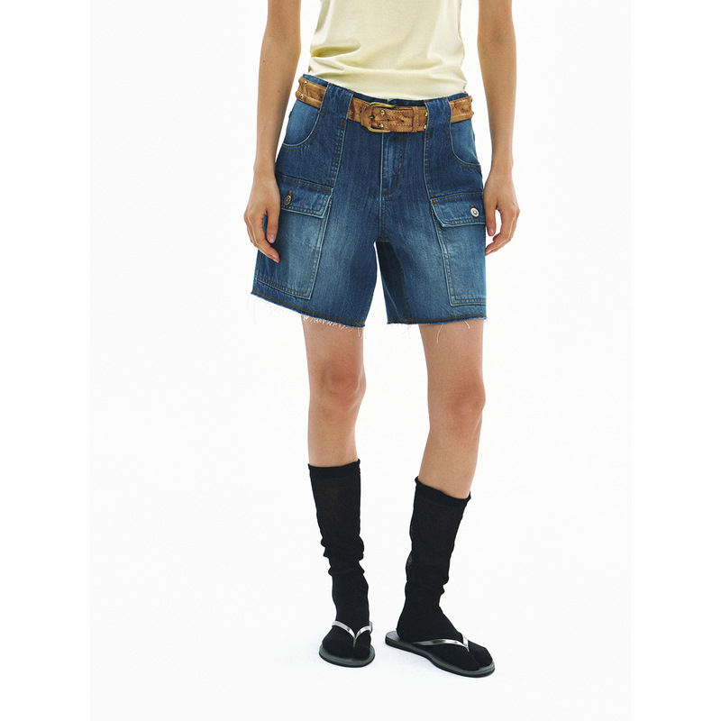 【识时黑标】New Summer Casual Loose-Fitting Workwear Washed Pure Cotton Denim Fringed Shorts for Women V60955