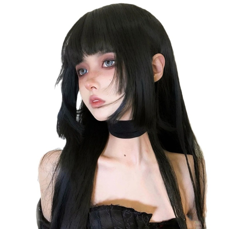 クラゲカットかつらレディースブラックロングストレートナチュラル模造かわいいlolitaプリンセスカットかつらカバー|undefined