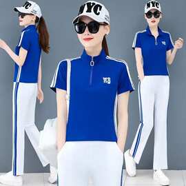 时尚休闲高级女装POLO立领拉链广场跳舞运动套装新款冰丝短袖休闲