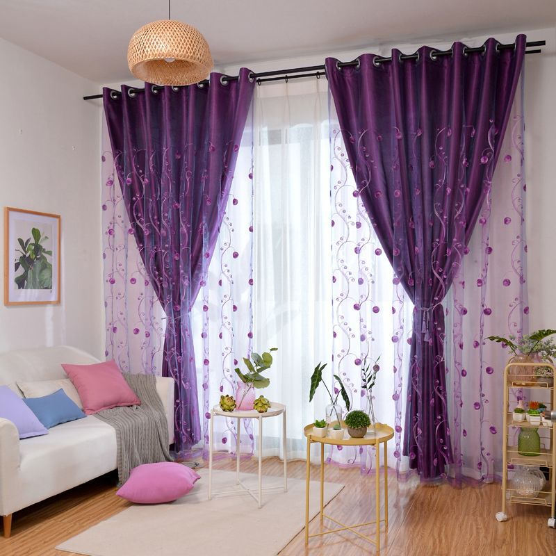 欧式紫色绣花窗帘窗纱全遮光加厚布料客厅飘窗主卧室蕾丝纱帘成品
