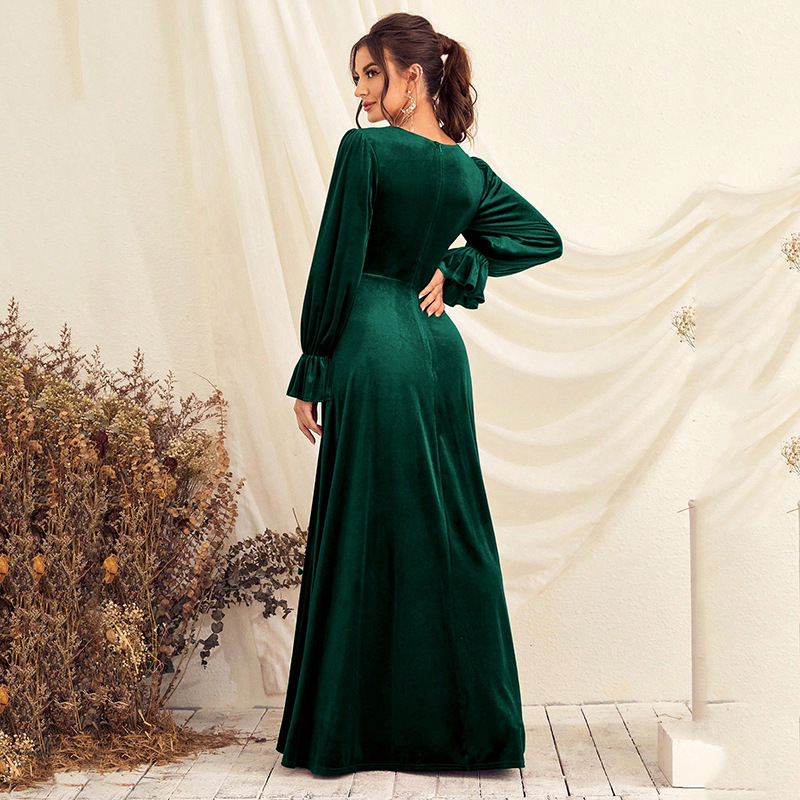 Vestido de Noche para Comercio Exterior de Amazon, Nuevo Vestido de Primavera con Cintura Ajustada, Vestido de Banquete de Gasa con Cuello en V, Manga Larga, de una Pieza, Dropshipping