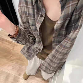 韩系复古格子衬衫女春秋季外套设计感慵懒风宽松开衫衬衣长袖上衣