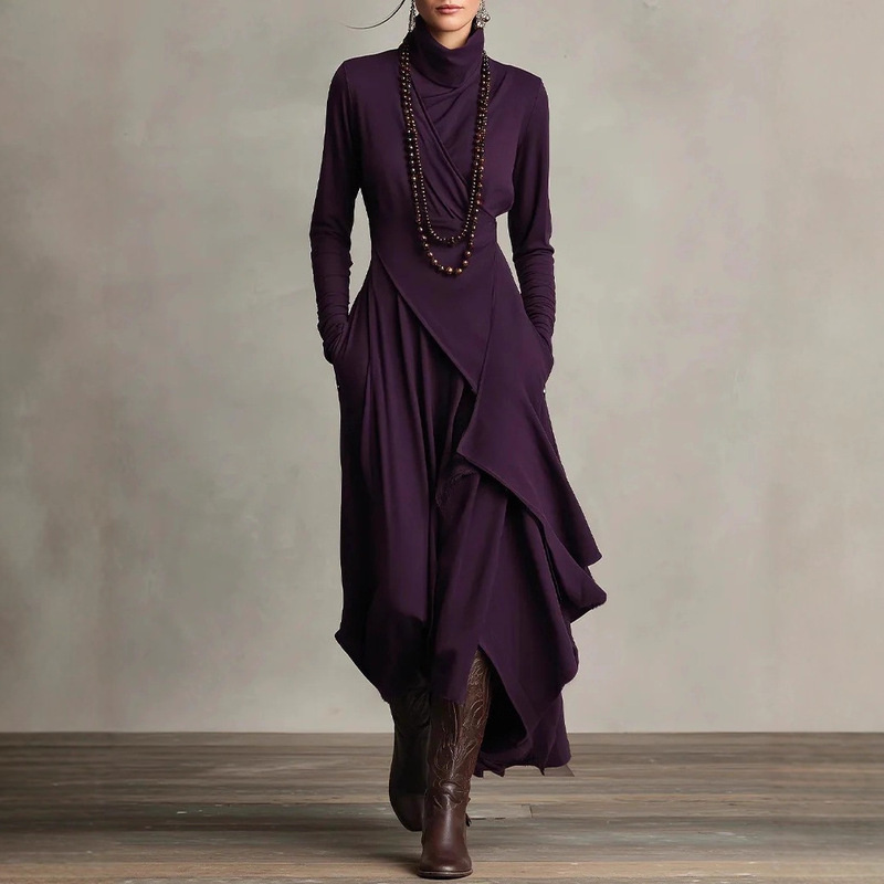 2025 European Size Women's Clothing Amazon Independent Station Autumn Pure Color Long-Sleeved Cross High-Neck Dress Long Skirt 2025 European Size Women's Clothing Amazon Independent Station Autumn Pure Color Long-Sleeved Cross High-Neck Dress Long Skirt