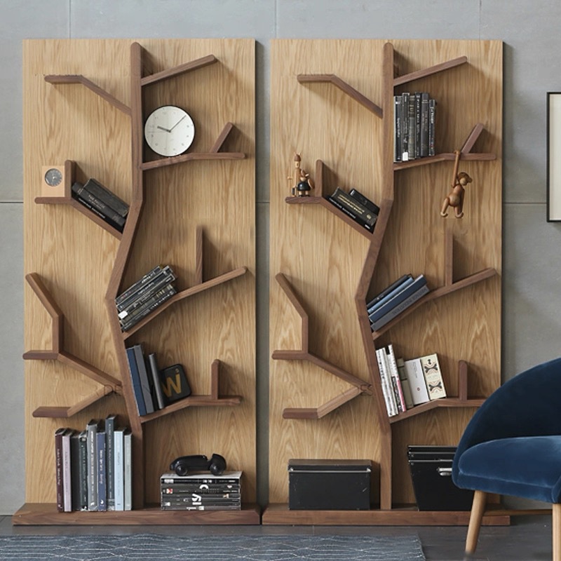 Nordic Creative Wall Storage Rack Living Room Floor-Standing Punch-Free Bookcase Storage Rack Tree-Shaped Solid Wood Removable Bookshelf