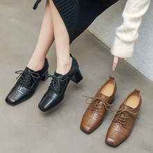 高奢尖货手慢无~压纹头层牛皮深口单鞋方头百搭小皮鞋高跟系带5cm