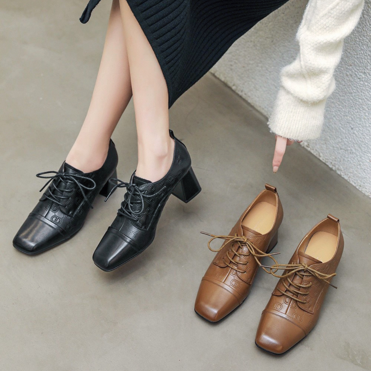 高奢尖货手慢无~压纹头层牛皮深口单鞋方头百搭小皮鞋高跟系带5cm