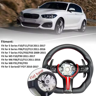 Steering wheel F10 F31 F20 E90 - semi-perforated-carbon-fiber-with-red-cross-and-black-buttons-carbon-fiber-long-paddle-with-flat-edge
