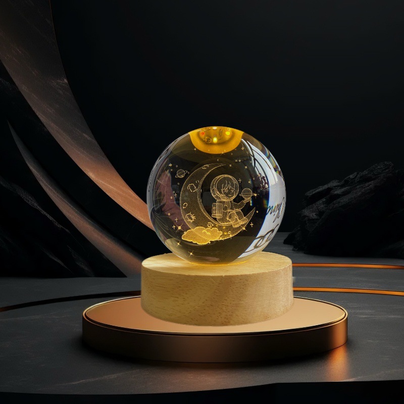 Lámpara de Noche de Cristal con Diseño de Cielo Estrellado 3D, Regalo Navideño, Base Redonda de Madera Luminosa, Lámpara de Mesa, Adorno, Regalo de Navidad