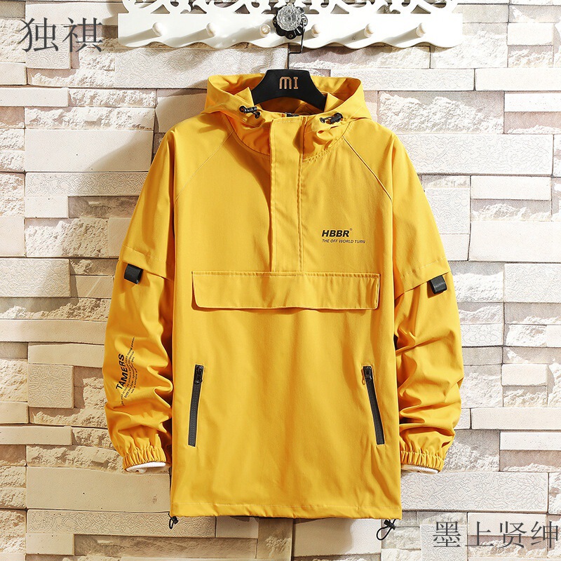 Original Pullover Half Zipper Jacket Thin Trendy Hooded Jacket Men's Spring and Autumn All-match Jacket for Men
