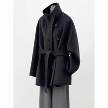 立领黑色双面羊毛小个子短款大衣秋冬显瘦气质羊毛呢外套中长款