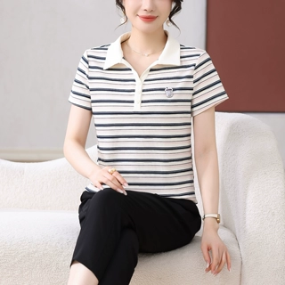 运动套装女夏2026新款洋气妈妈翻领条纹短袖九分裤时尚休闲两件套