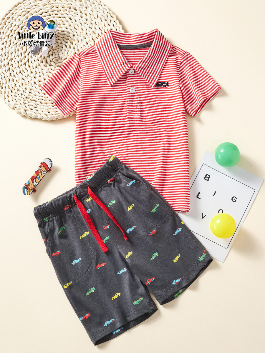 European and American 2025 Summer New Boys' Children's Clothing Striped T-Shirt Cartoon Trendy Suit Factory Wholesale Direct Sales