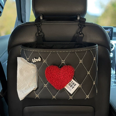 Car storage bag/box Tissue Box, Seat Back Storage - red-love-black-chair-back-storage-bucket-free-waterproof-bucket-1-roll-of-garbage-bag